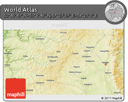 Physical 3D Map of the Area around 52° 53' 45" N, 57° 52' 30" E