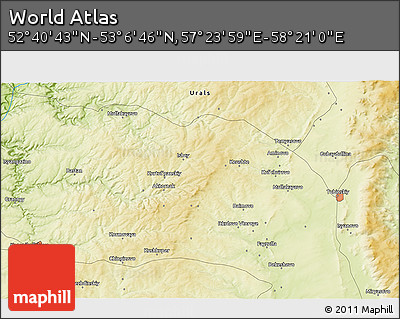 Physical 3D Map of the Area around 52° 53' 45" N, 57° 52' 30" E