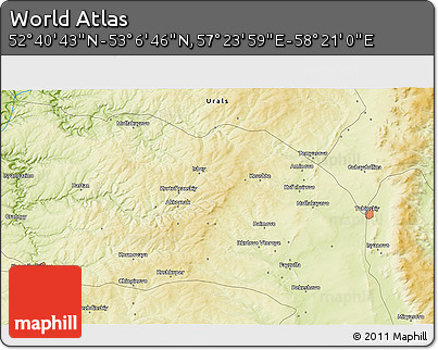 Physical 3D Map of the Area around 52° 53' 45" N, 57° 52' 30" E