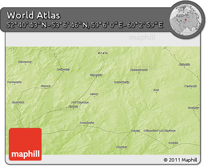 Physical 3D Map of the Area around 52° 53' 45" N, 59° 34' 30" E