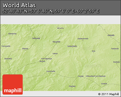 Physical 3D Map of the Area around 52° 53' 45" N, 59° 34' 30" E