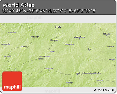 Physical 3D Map of the Area around 52° 53' 45" N, 59° 34' 30" E