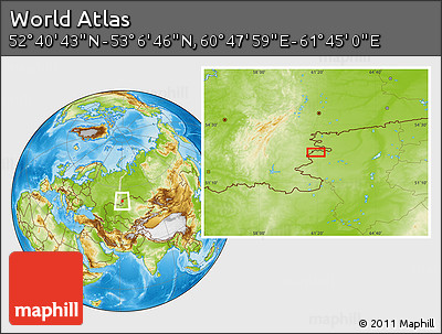Physical Location Map of the Area around 52° 53' 45" N, 61° 16' 29" E