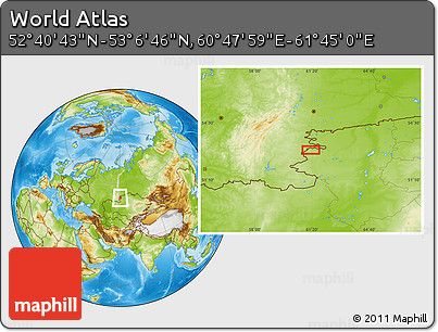 Physical Location Map of the Area around 52° 53' 45" N, 61° 16' 29" E