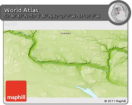 Physical 3D Map of the Area around 52° 53' 45" N, 61° 58' 30" W