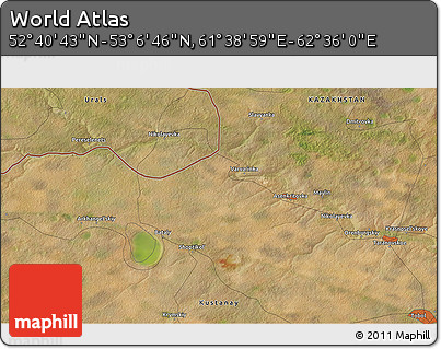 Satellite 3D Map of the Area around 52° 53' 45" N, 62° 7' 30" E