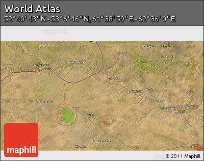 Satellite 3D Map of the Area around 52° 53' 45" N, 62° 7' 30" E
