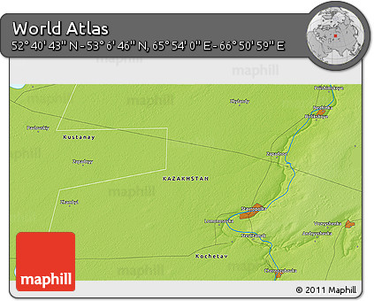 Physical 3D Map of the Area around 52° 53' 45" N, 66° 22' 30" E