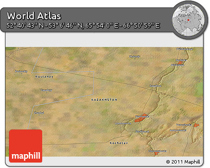Satellite 3D Map of the Area around 52° 53' 45" N, 66° 22' 30" E