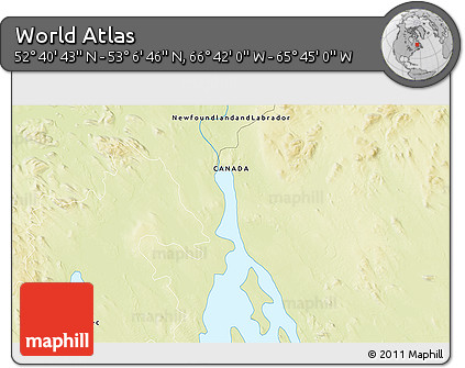 Physical 3D Map of the Area around 52° 53' 45" N, 66° 13' 29" W