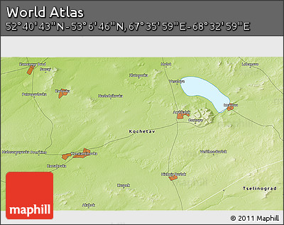 Physical 3D Map of the Area around 52° 53' 45" N, 68° 4' 29" E