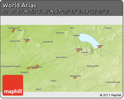 Physical 3D Map of the Area around 52° 53' 45" N, 68° 4' 29" E