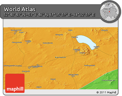 Political 3D Map of the Area around 52° 53' 45" N, 68° 4' 29" E