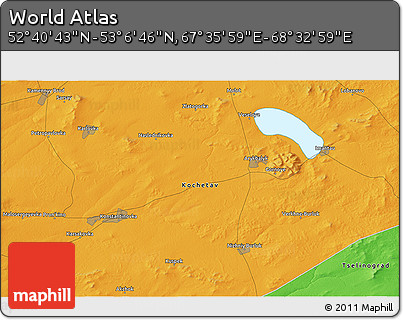 Political 3D Map of the Area around 52° 53' 45" N, 68° 4' 29" E