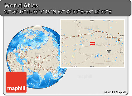 Shaded Relief Location Map of the Area around 52° 53' 45" N, 68° 4' 29" E