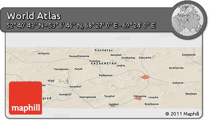 Shaded Relief Panoramic Map of the Area around 52° 53' 45" N, 68° 55' 30" E