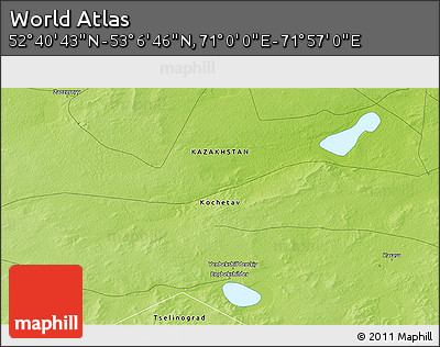 Physical 3D Map of the Area around 52° 53' 45" N, 71° 28' 29" E