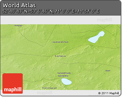 Physical 3D Map of the Area around 52° 53' 45" N, 71° 28' 29" E
