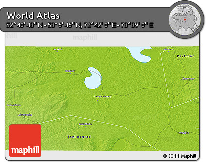 Physical 3D Map of the Area around 52° 53' 45" N, 73° 10' 30" E