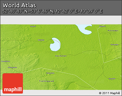 Physical 3D Map of the Area around 52° 53' 45" N, 73° 10' 30" E