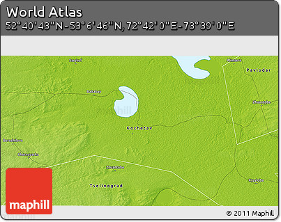 Physical 3D Map of the Area around 52° 53' 45" N, 73° 10' 30" E