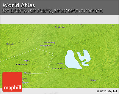 Physical 3D Map of the Area around 52° 53' 45" N, 74° 1' 30" E