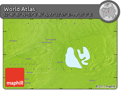 Physical Map of the Area around 52° 53' 45" N, 74° 1' 30" E