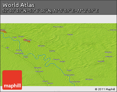 Physical 3D Map of the Area around 52° 53' 45" N, 76° 34' 29" E