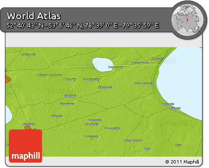Physical 3D Map of the Area around 52° 53' 45" N, 79° 7' 30" E