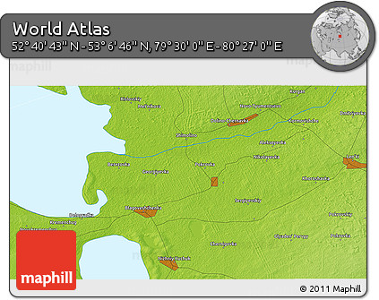 Physical 3D Map of the Area around 52° 53' 45" N, 79° 58' 29" E
