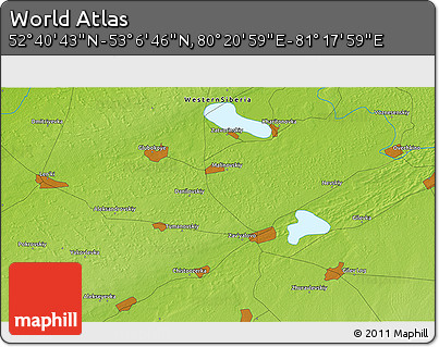 Physical 3D Map of the Area around 52° 53' 45" N, 80° 49' 29" E