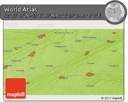 Physical 3D Map of the Area around 52° 53' 45" N, 82° 31' 30" E