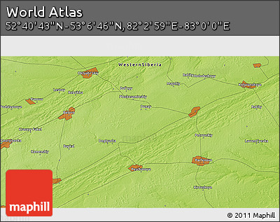 Physical 3D Map of the Area around 52° 53' 45" N, 82° 31' 30" E