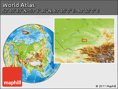 Physical Location Map of the Area around 52° 53' 45" N, 84° 13' 29" E