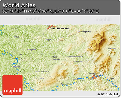 Physical 3D Map of the Area around 52° 53' 45" N, 87° 37' 30" E