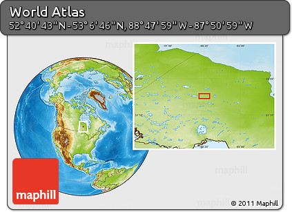 Physical Location Map of the Area around 52° 53' 45" N, 88° 19' 29" W