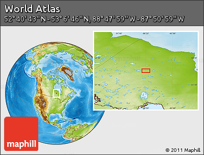 Physical Location Map of the Area around 52° 53' 45" N, 88° 19' 29" W