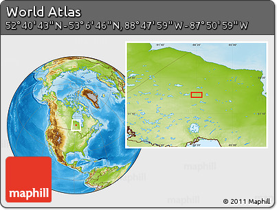 Physical Location Map of the Area around 52° 53' 45" N, 88° 19' 29" W
