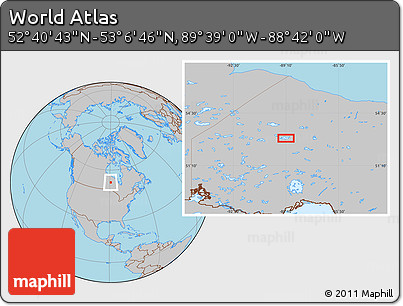 Gray Location Map of the Area around 52° 53' 45" N, 89° 10' 30" W