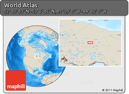 Shaded Relief Location Map of the Area around 52° 53' 45" N, 89° 10' 30" W