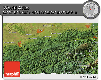 Satellite 3D Map of the Area around 52° 53' 45" N, 91° 1' 30" E