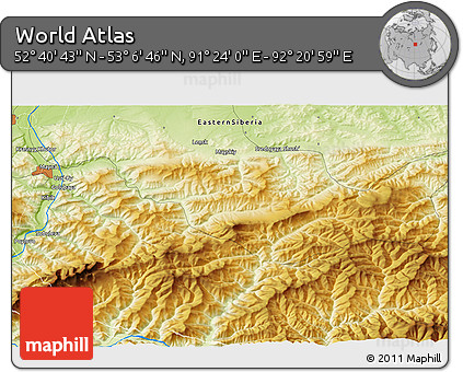 Physical 3D Map of the Area around 52° 53' 45" N, 91° 52' 30" E