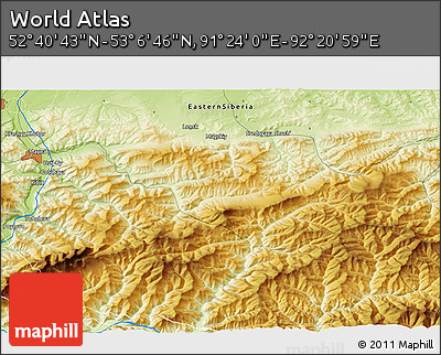 Physical 3D Map of the Area around 52° 53' 45" N, 91° 52' 30" E