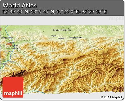 Physical 3D Map of the Area around 52° 53' 45" N, 91° 52' 30" E
