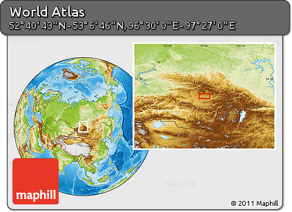 Physical Location Map of the Area around 52° 53' 45" N, 96° 58' 29" E
