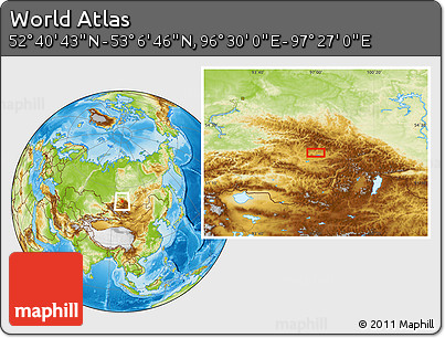 Physical Location Map of the Area around 52° 53' 45" N, 96° 58' 29" E