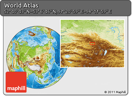 Physical Location Map of the Area around 52° 53' 45" N, 97° 49' 29" E