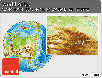 Physical Location Map of the Area around 52° 53' 45" N, 97° 49' 29" E