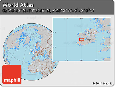Gray Location Map of the Area around 52° 53' 45" N, 9° 16' 30" W
