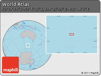 Gray Location Map of the Area around 52° 14' 43" S, 131° 49' 29" E